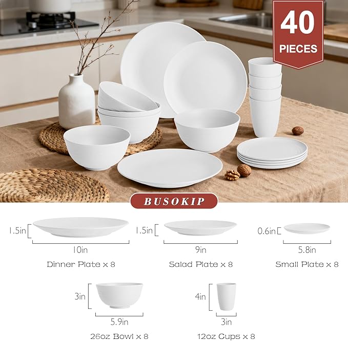 Wheat Straw Dinnerware Sets - 40 PCS Unbreakable Plates and Bowls Sets Service for 8 Kitchen Dishes Set, Dinner Plates, Cereal Bowls, Cups Set Camping Dish Dishwasher & Microwave Safe - White