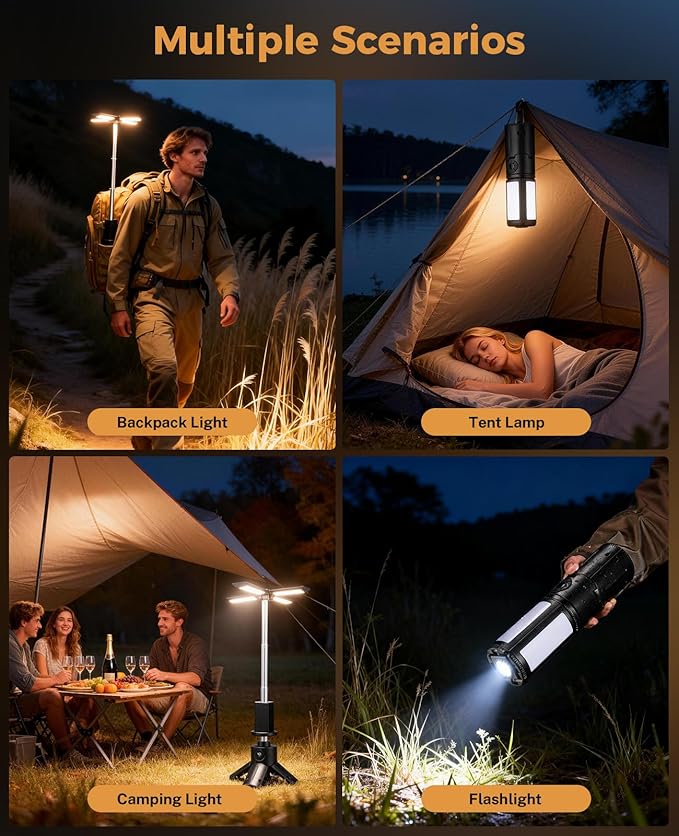 Telescopic Camping Light, 12000mAh Rechargeable Camping Lights Portable with Stand Collapsible Outdoor Camping Lanterns 7200/5000/3600K Dimmable IPX5 Waterproof for Camping Hiking Emergency