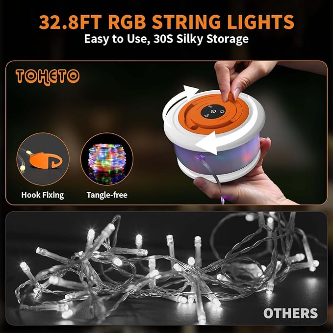 TOHETO Camping String Lights, 3 in 1 Upgraded Retractable RGB Outdoor String Lights with 19 Lighting Modes,Quick 30s Recovery, 32.8 FT Portable Tent Lights, Rechargeable Camping Lantern (White&Orange)
