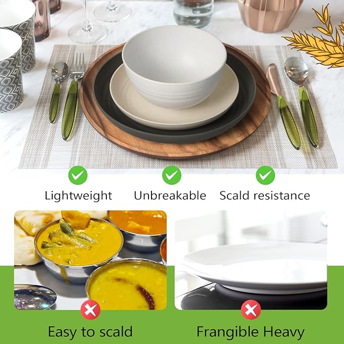 Teivio 16-Piece Kitchen Plastic Wheat Straw Dinnerware Set, Service for 4, Dinner Plates, Dessert Plate, Cereal Bowls, Cups, Unbreakable Plastic Outdoor Camping Dishes, Stone