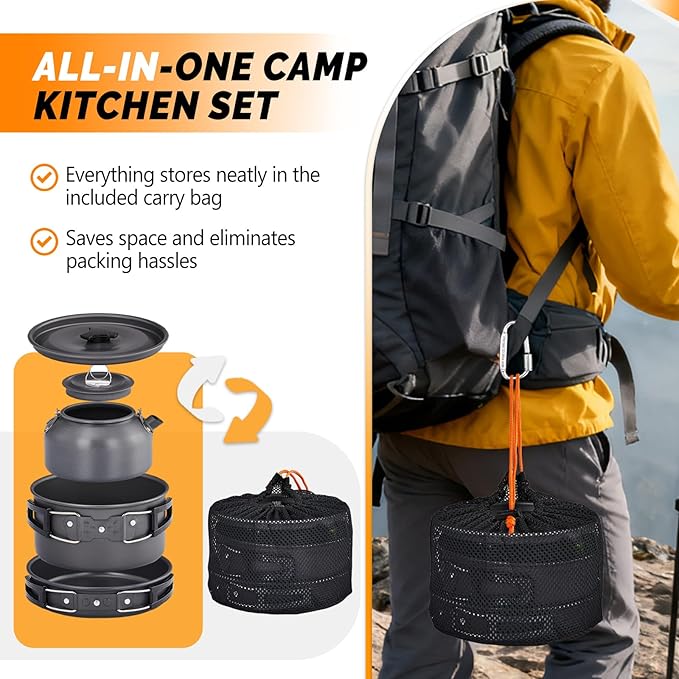 ROVSUN 34/10/6 pcs Camping Cookware Mess Kit, Lightweight Non-Stick Camping Cooking Pot and Pan Set with Stainless Steel Camping Gear Kettle Cup for Open Fire, Backpacking, Outdoor Cooking