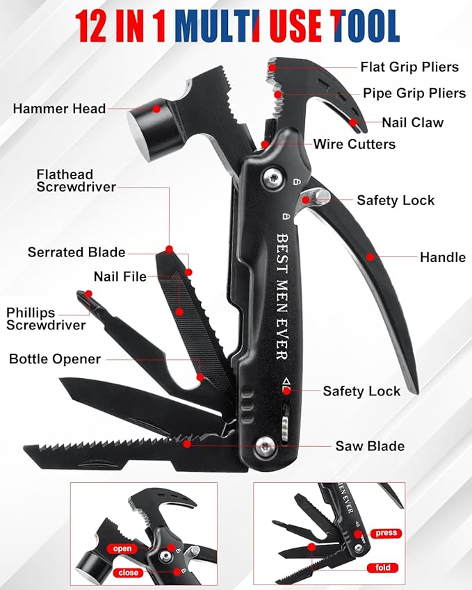 BIBURY 12-in-1 Multitool Hammer, Heavy Duty Survival Gear with Safety Lock, Fathers Day Gift for Dad Husband Men, Portable EDC Multi Tool Gadgets for Camping Hiking Car Emergency