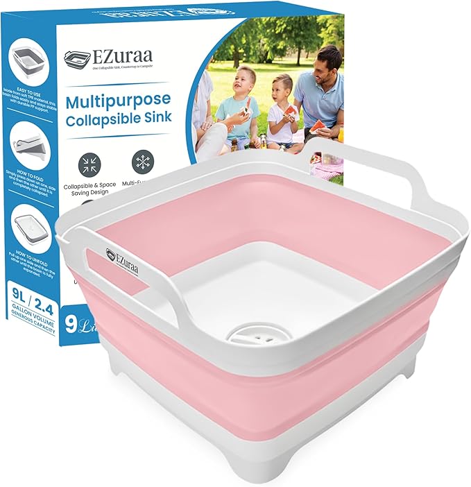 EZuraa 2.4 gal(9L) Pink Collapsible Dish Basin, Portable Sink or Dish Pan for Kitchen Sink with Drain Plug/Strainer, Space Saving Baby Bottle Wash Basin Collapsible Bucket, Beverage Tub for Camping