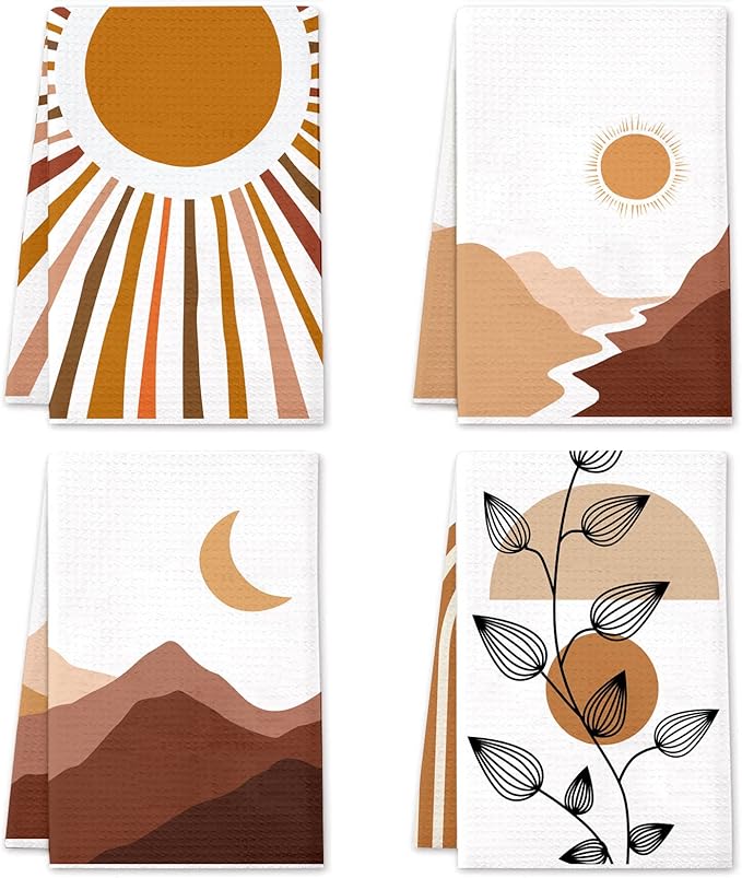 Boho Kitchen Towels, 4 Pack Boho Mountains, Rivers, Sun and Moon Tea Dish Towels, Absorbent Drying Cloth Tea Towels for Cooking Baking,16×24IN
