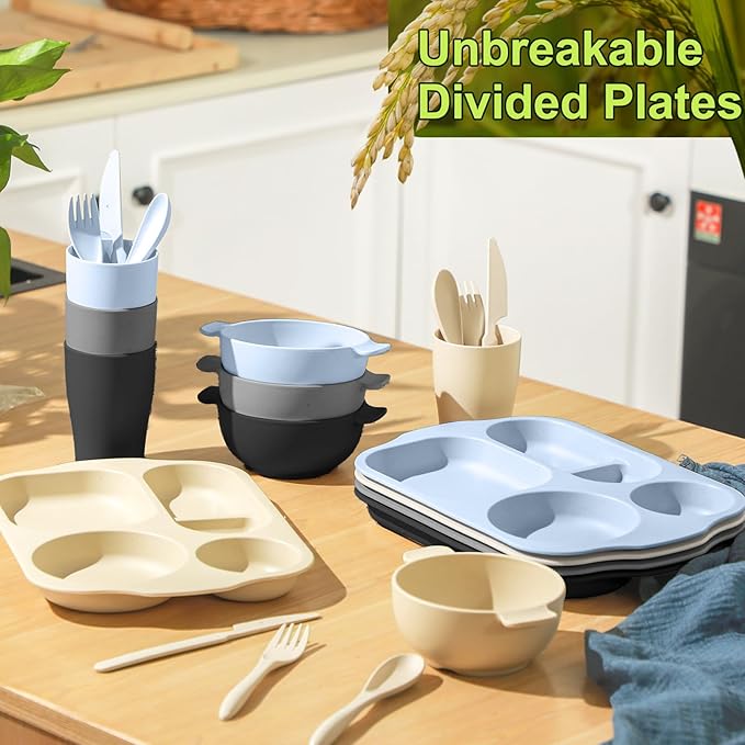 24 Pcs Wheat Straw Dinnerware Cutlery Set for Aldult Including Divided Plates Microwave Dishwasher Safe Bowl Unbreakable Tableware Straw Cutlery Spoon Knife Fork(Vivid Color)