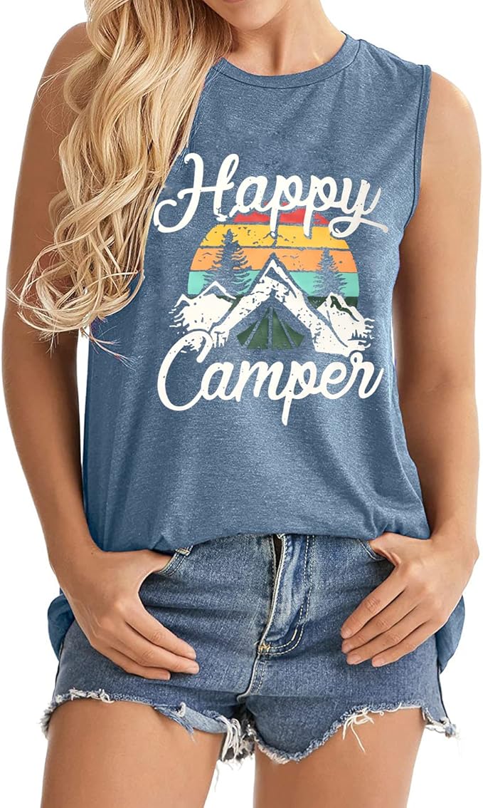 Happy Camp T-Shirt Women Hiking Mountain Adventure Novelty Workout Funny Saying Cute Graphic Athletic Shirt