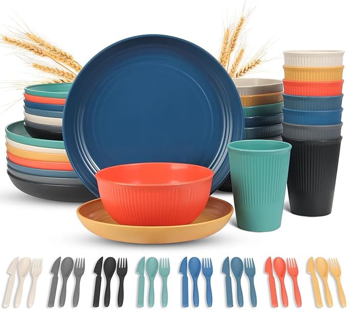 LAERJIN 56 Piece Wheat Straw Dinnerware Sets, Service for 8, Unbreakable Reusable Dinnerware Set,Dishwasher & Microwave Safe Plates and Bowls Sets, for Apartment Essentials, Outdoor Camping, Colourful