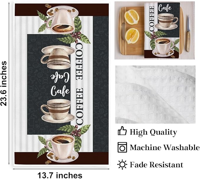 2PCS Coffee Kitchen Towels, Funny Farmhouse Rustic Reusable Absorbent Waffle Weave Dish Tea Towels for Cleaning, Microfiber Kitchen Towel for Coffee Bar Decor Housewarming Farmhouse Gift-2