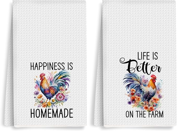 2Pcs Funny Kitchen Towels 24x14 Inch, Floral Rooster Chicken Kitchen Decor Waffle Weave Hand Towels for Farmhouse, White Absorbent Microfiber Dish Cloth Tea Towel Chicken Gifts for Women