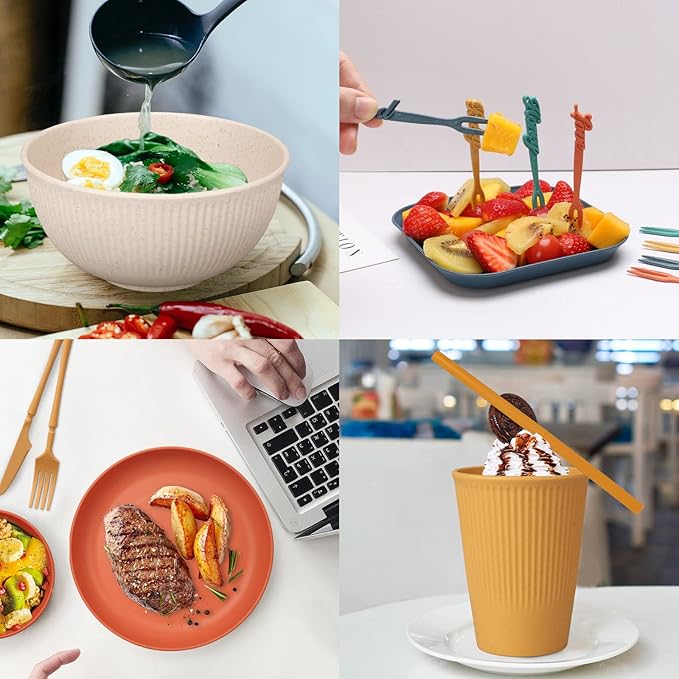 66 Pcs Dinnerware Sets, Unbreakable Plates and Bowls Sets, Reusable Dinnerware Sets for 6 People, Travel Camping Picnic Home Party Cutlery Set, Dishwasher Microwave Safe Dishes