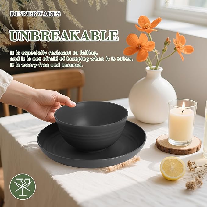 Wrova Wheat Straw Dinnerware Sets of 20,Alternative to Melamine dinnerware sets with Flatwares Dishwasher Safe,Lightweight and Unbreakable Camping Dishes for R.V.(Black)