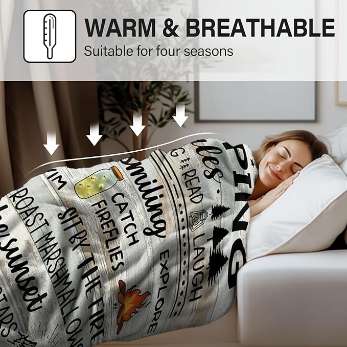Wazzio Camping Gifts for Women Men, Camp Blanket Gifts for Camper Lovers, Happy Campers Decor Outdoor Travel Hiking 50" x 60", Camping Rules Throw Blanket for Christmas Thanksgiving