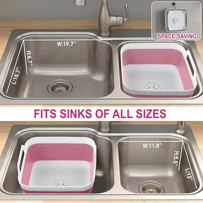 Collapsible Wash Basin for Baby Bottles with Drying Rack – 2.4 Gallon Foldable Dish Tub with Handles, Portable RV Camping Sink & Space-Saving Wash Bin with Lid for Kitchen, Travel & Outdoor, Pink
