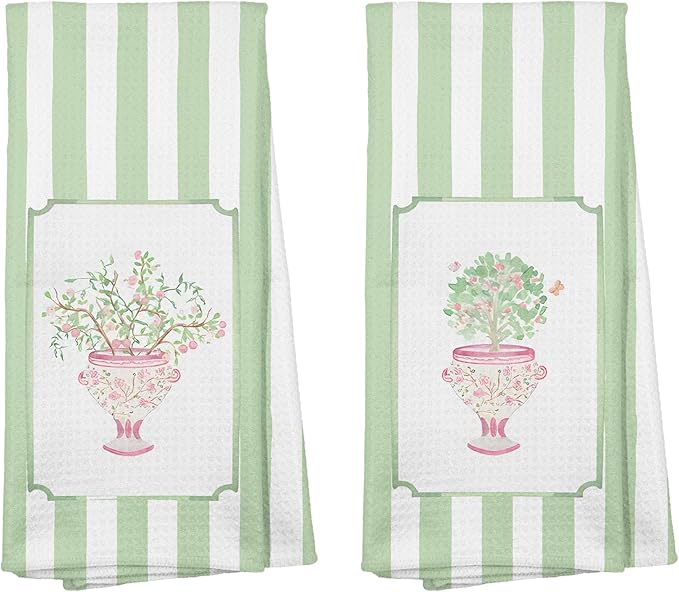 Pink Peach Hand Towels for Kitchen Bathroom 16x24 Set of 2，Chinoiserie Peach Tree Decorative Dish Tea Towels for Kitchen, Green Stripes Porcelain Tree Hand Towel for Bathroom