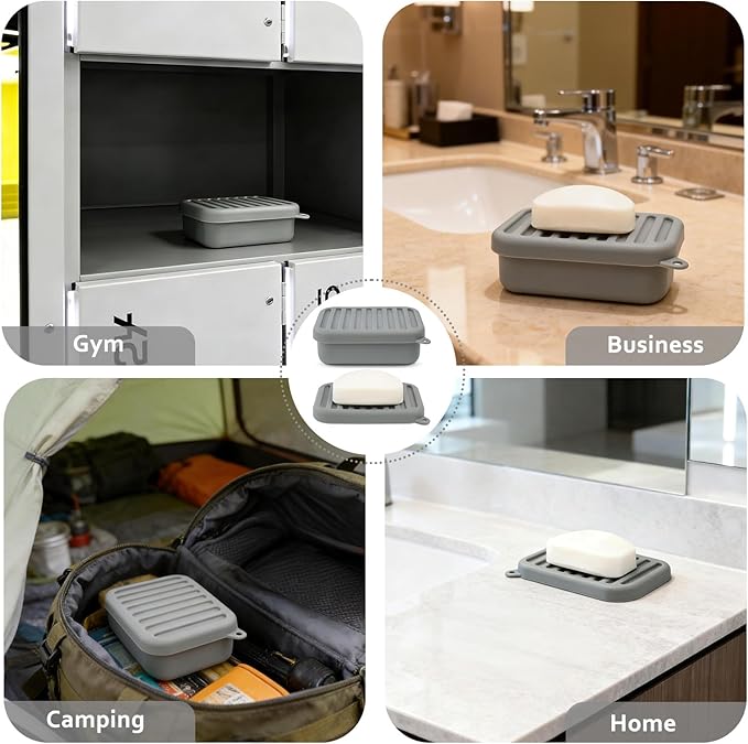 Silicone Travel Soap Case, Leak-Proof Bar Soap Container with Drain Tray, Portable Travel Soap Dish with Lid for Hiking, Gym, Camping, and Portable Toiletries Accessories (Grey)