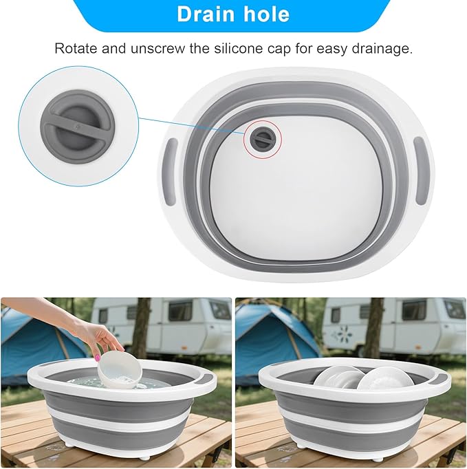 Collapsible Wash Basin, 7.5L Dish Tub Sink Basin Folding Dish Pans for Kitchen Sink, 2-in-1 Dishpan + Cutting Board, Portable Sink Dish Basin for Camping BBQ Prep Tub Washing Bin with Drain Plug + Lid