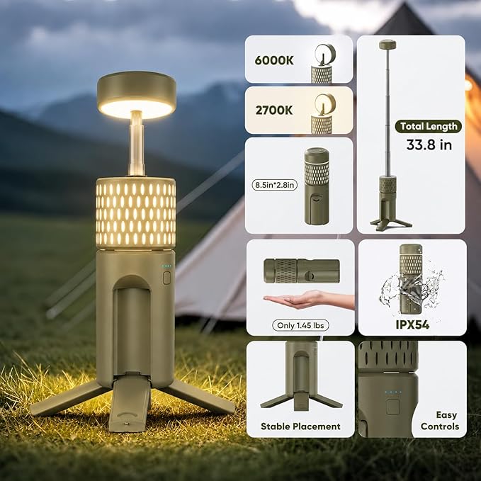 Camping Light Telescopic, Collapsible Tripod Camping Lantern, 12000mAh Rechargeable Camping Lamp with Stand, Dimmable & Portable IPX54 Waterproof Flashlight for Emergency (Military Green)
