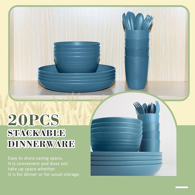 Wrova Wheat Straw Dinnerware Sets of 20,Dishwasher Safe Kitchen Plates and Bowls Sets,Camping Dishes Sets Contains Dinner Plates,Cereal Bowls,Drinking Cups and Flatware.(Blue)