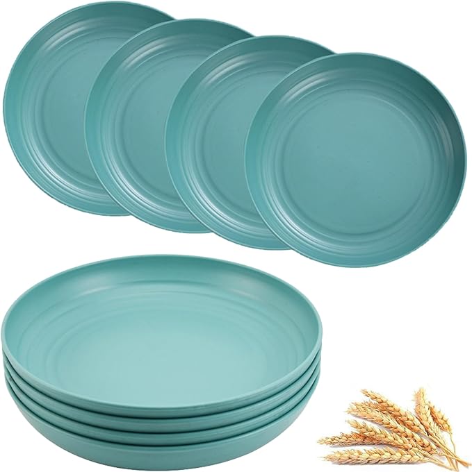 Wheat Straw Plates, Unbreakable Dinner Plates Set of 4, 8 Inch Plastic Plate Reusable, Dishwasher & Microwave Safe, Lightweight Salad Plates for Camping/Kitchen (Dark Green)