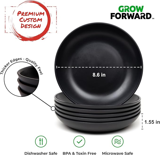 Grow Forward Premium Wheat Straw Pasta Bowls - 30oz Unbreakable Wide & Shallow Dinner Plate Bowls Set of 6 - Microwave Safe Reusable Plastic Pasta Bowls for Kids, Adults, Salad, Camping, RV - Midnight