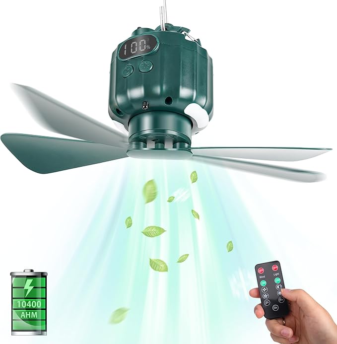 DUKUSEEK Tent Ceiling Fans for Camping Hanging, Portable Tent Fans with Light and Remote Control, Power Bank, USB Battery Operated Camping Fan with Hanging Hook for Outdoor, Car, RV
