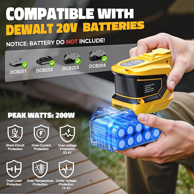 LIVOWALNY 200W-250W Power Inverter Compatible with DeWALT 20V Battery (Battery Not Included), DC 20V to AC 110V-120V Portable Inverter, 1 AC Outlet, 2 USB Ports & 1 Type-C Port, LED Work Light(2-Pack)