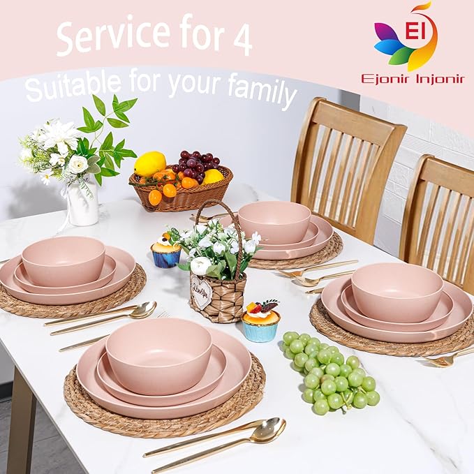 EI 12pcs Pink Wheat Straw Plates,Wheat Straw Dinnerware Set for 4,Plates and Bowls Sets,Plastic Plate Reusable,Unbreakable Plastic Plate Melamine,Camping Family Dishes Set