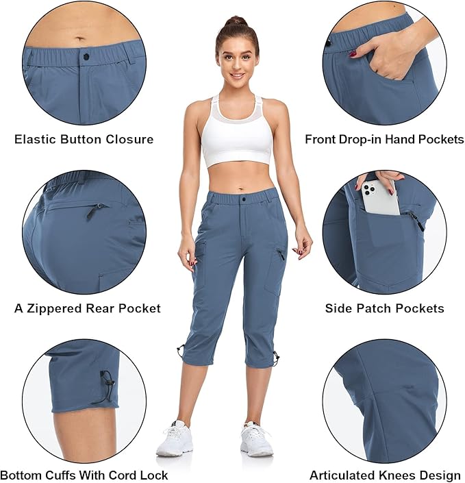 GymBrave Women's Hiking Cargo Pants Quick Dry Outdoor Camping Capris Water Resistant UPF 50 with Zipper Pockets
