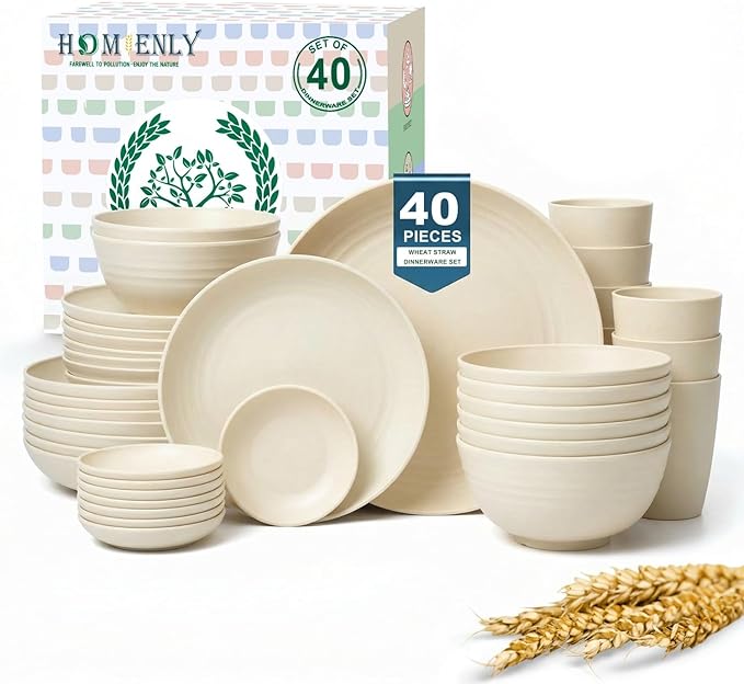 Homienly Wheat Straw Dinnerware Sets 40 PCS Plates and Bowls Sets with Cup Set and Dipping Bowls, Unbreakable Camping Dishes Microwave and Dishwasher Safe Dinnerware Set for Dinner, Outdoor (Beige)