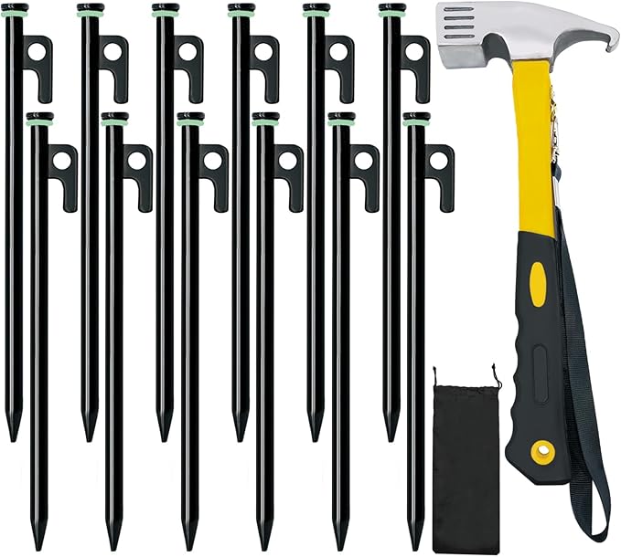 Tent Stake with Hammer, 12-Pack 12in Heavy Duty Tent Stakes + 10in Camping Hammer+Storage Pouch, Forged Steel Stakes for Camping Used on Rocks, Grassland(12Pcs 12in Tent Stakes and Hammer)