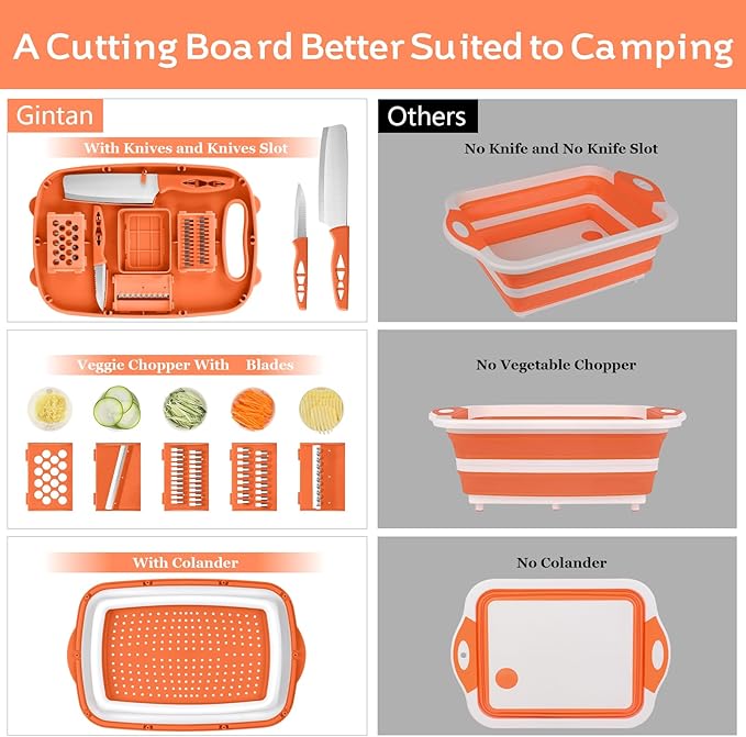 Gintan Camping Cutting Board, 9-in-1 Collapsible Chopping Board with Colander, Kitchen Vegetable Washing Basket for Camping, Camping Gifts Camping Accessories for RV Campers (orange)
