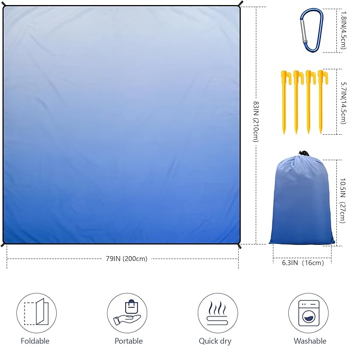 WIWIGO Beach Blanket Waterproof Sandproof Beach Mat 79" X 83"/10'x9'for 2-8 Adults Quick Drying Outdoor Picnic Mat Beach Accessories for Travel, Camping, Hiking