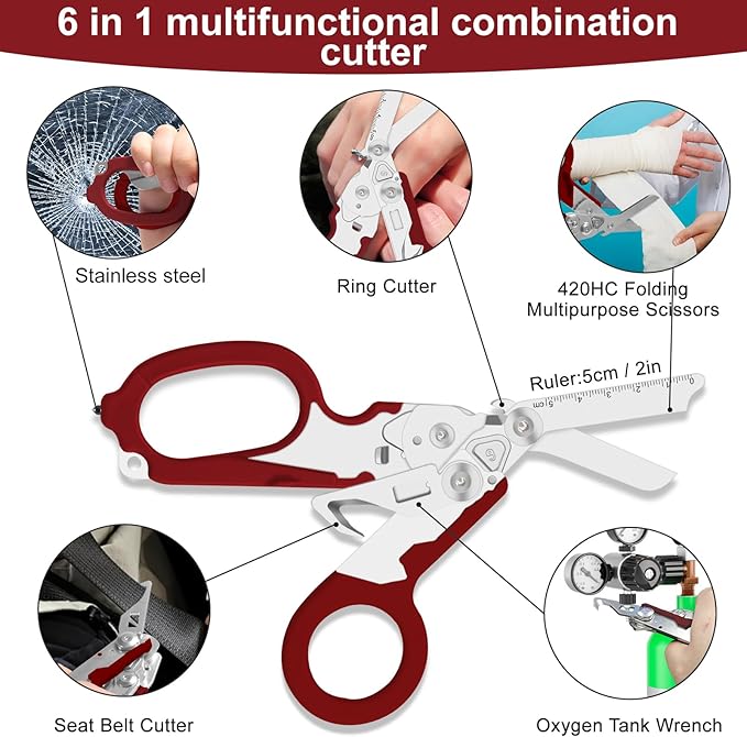 6 in 1 Multifunctional Combination Tool, Folding Retractable Emergency Shears, Outdoor Camping Tools, Seat Belt Cutter, Oxygen Cylinder Wrench, Complimentary Adjustable Wrench (red)