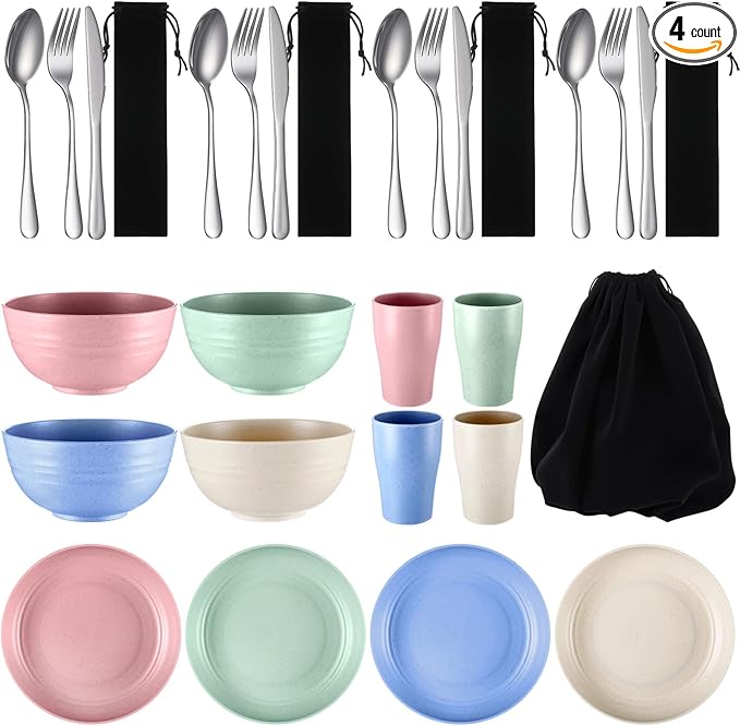 Teenyyou 4 Sets Camping Mess Kits for 4 Person Camping Silverware Set Include Cup, Bowl, Plate, Knife, Spoon, Fork Cutlery Set Unbreakable Wheat Straw Dinnerware Utensils for Travel