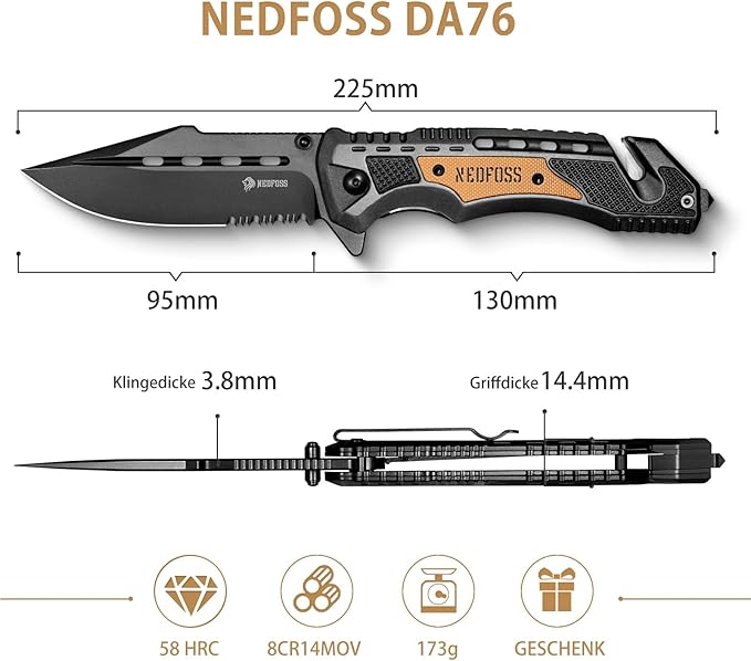 NedFoss Pocket Folding Knife DA75 Mini, 3 in 1 Pocket Knife Gifts for Men, 2.95 Inch Survival Knife with Liner-Lock Belt Clip, Seat Belt Cutter, Glass Breaker, Hunting knife for Camping Hiking