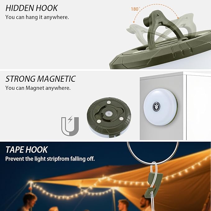 Camping String Lights, 4 in 1 Portable Camping Light Rechargeable, 8 Lighting Modes, USB Charging, Quick Storage, 32.8FT Waterproof Tent Lights String for Camping, Hiking, Yard, Christmas