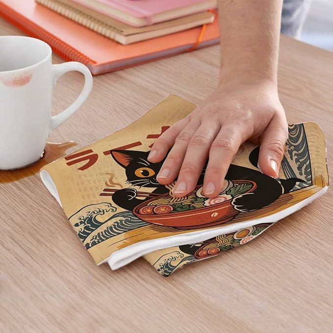 2PCS Vintage Japanese Cat Kitchen Towels, Quirky Ramen Cat Reusable Absorbent Waffle Weave Dish Tea Towels for Cleaning Cooking, Microfiber Kitchen Towel, Cats Lovers Gifts for Women Noodle Lover
