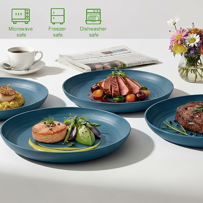 Wheat Straw Salad Plates 8 Inch Set of 6, Unbreakable & Lightweight Dinner Plates, Reusable BPA-Free Plates, Microwave and Dishwasher Safe for Kitchen, Camping, Party, Dark Blue