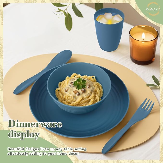 Wrova Wheat Straw Dinnerware Sets of 20,Dishwasher Safe Kitchen Plates and Bowls Sets,Camping Dishes Sets Contains Dinner Plates,Cereal Bowls,Drinking Cups and Flatware.(Blue)