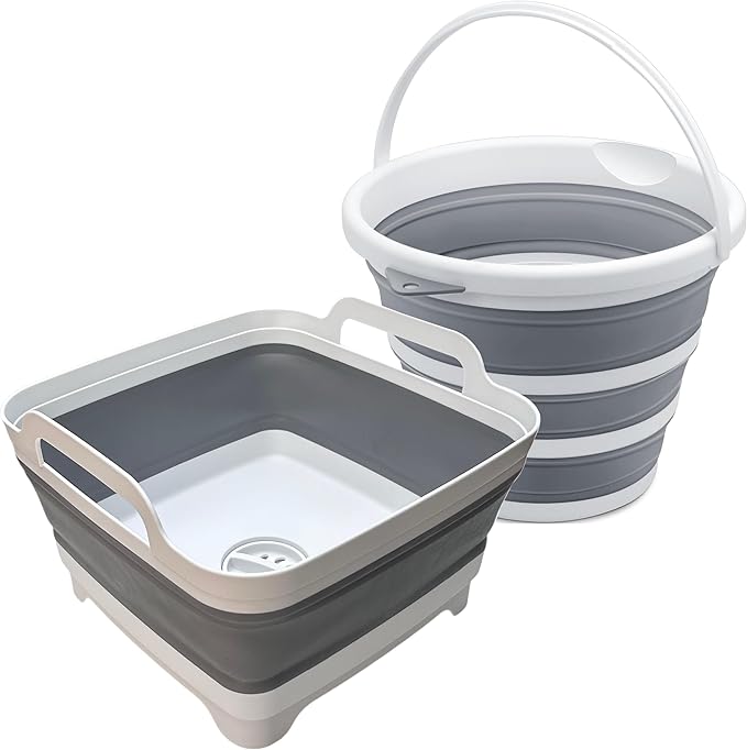 MontNorth Collapsible Basin Bucket,9L Collapsible Dishpan with Drain Plug for Kitchen Sink,5L Portable Foldable Small Plastic Water Supplies for Outdoor Garden Camping Fishing Car Wash(Sets of 2)
