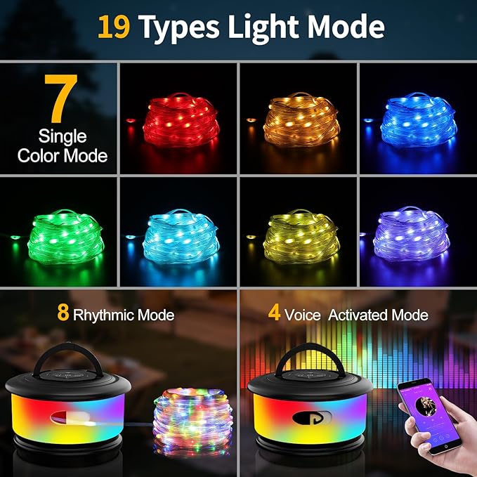 2 Pieces Camping String Lights, 3 in 1 Quick Storage 32.8FT Rechargeable Fairy String Lights with 6 Lighting Modes, Portable LED Lamp for Christmas Decor Patio Party Camping Essentials