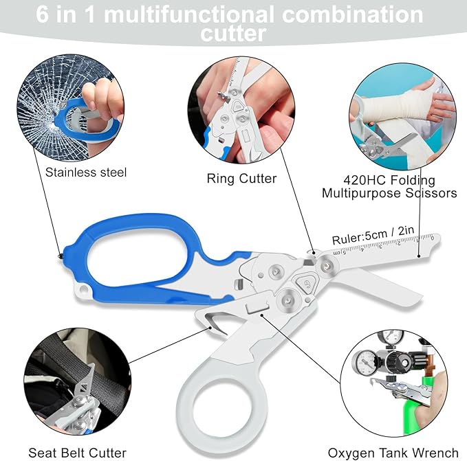 Lemasa6 in 1 Multifunctional Combination Tool, Folding Retractable Emergency Shears, Outdoor Camping Tools, Seat Belt Cutter, Oxygen Cylinder Wrench, Complimentary Adjustable Wrench (blue-grey)
