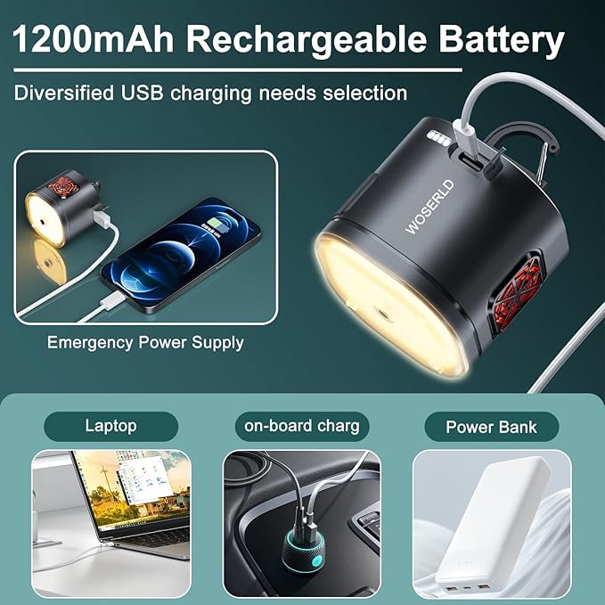 Portable Camping Light Camping Fan & Ultrasonic 3-in-1 Tent Lights USB Rechargeable 1200mAh Battery Outdoor LED Light & SOS Light ,with Hook Magnet Suitable for Indoor Outdoor Hiking (Khaki)