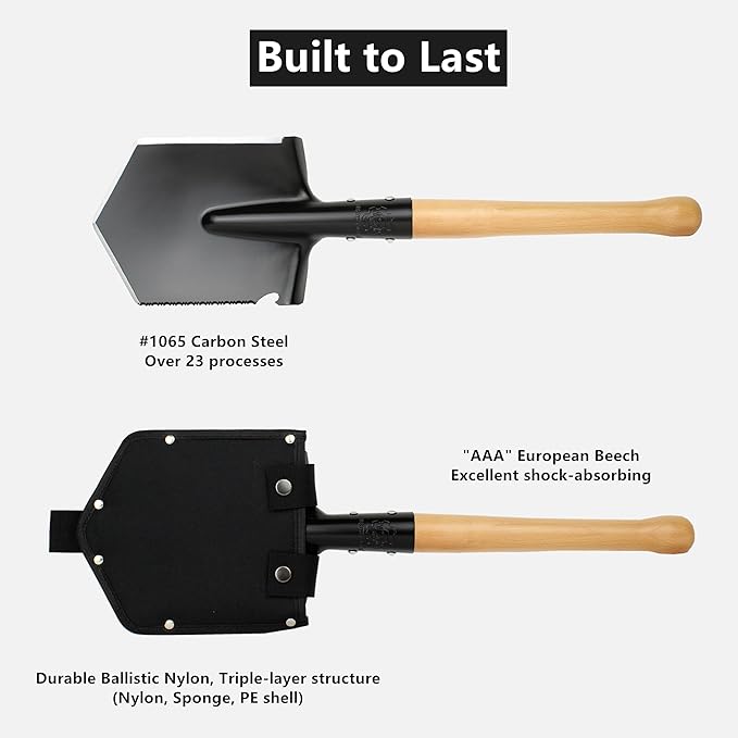 MASTIFF GEARS Battle Wolf Military-Grade Survival Shovel - Heavy Duty Carbon Steel w/Hardwood Handle | All-Weather for Camping, Hiking, Off-Road, Emergency | Digs Dirt/Sand/Snow/Mud (Wolf Tooth)