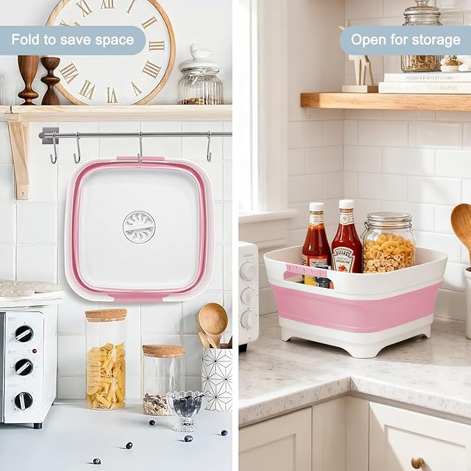 Collapsible Dish Basin with Drain Plug, 2.4 Gal 9L Foldable Wash Basin, Portable Sink Tub for Kitchen, Baby Bottles, Camping, RV, Vegetable Washing and Beverage Tub, Pink