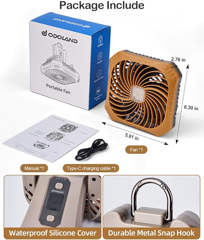 Odoland Portable Camping Fan with LED Lantern, 40H Rechargeable Battery Operated Quiet Tent Fan with Hanging Hook for RV Car Beach Outdoor Hurricane Emergency Outages