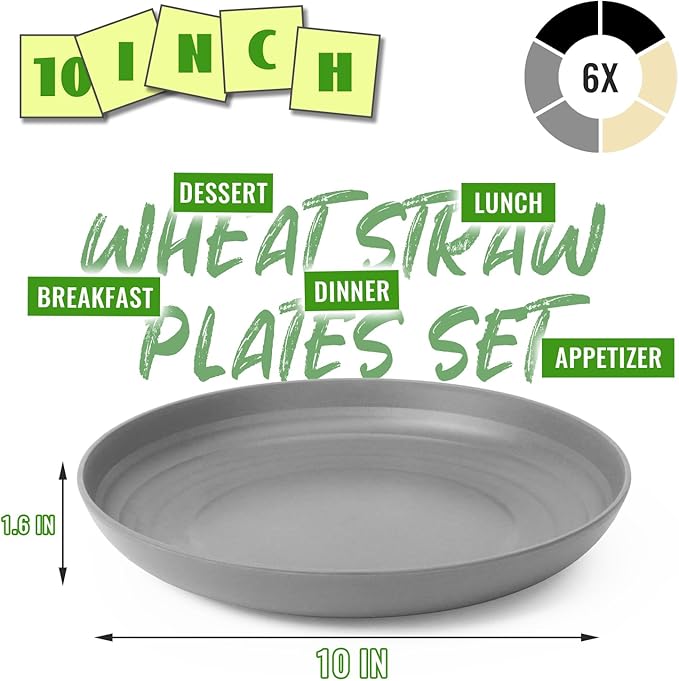 10 Inch Plastic Dinner Plates Set of 6, Wheat Straw Plates, Plastic Dinner Plates Reusable, Unbreakable Microwave Safe Plates for Home, Camping, Picnic, Barbecue, Grey Stone