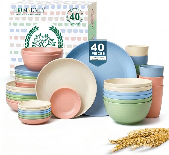 Homienly 40-Piece Dinnerwave Set Service for 8 Unbreakable Kitchen Plates and Bowls Sets - Dinner Plates, Dessert Plates, Soup Bowls, Cup Set, Soy Sauce Dish Microwave & Dishwasher Safe (Light Multi)