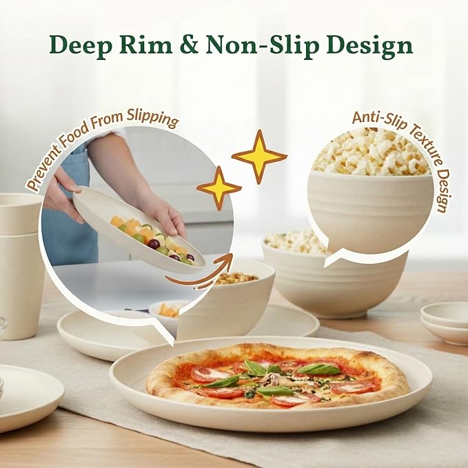 Homienly Wheat Straw Dinnerware Sets 40 PCS Plates and Bowls Sets with Cup Set and Dipping Bowls, Unbreakable Camping Dishes Microwave and Dishwasher Safe Dinnerware Set for Dinner, Outdoor (Beige)
