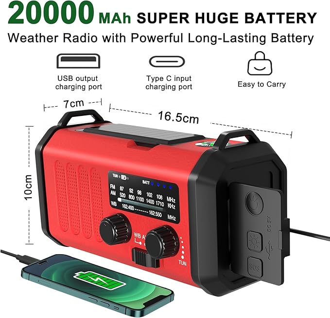 Leaton Emergency Radio NOAA Weather Radio Hand Crank & Solar Charging 20000mAh/74000mWh Rechargeable Battery Built-in Flashlight Reading Light & SOS AM/FM & Portable for Camping & Emergencies